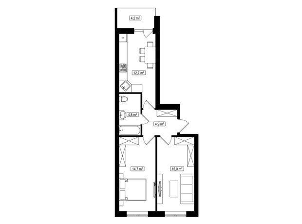 ЖК Амстердам Клубный: планировка 2-комнатной квартиры 54.2 м²