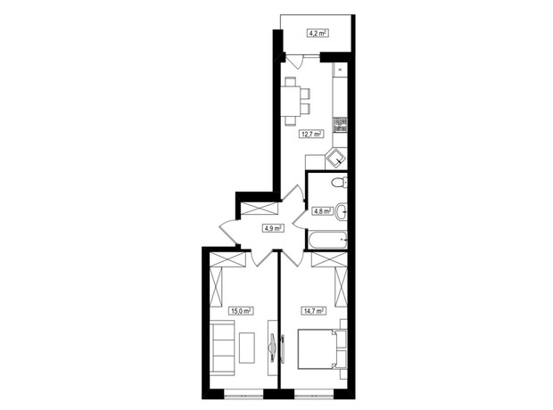 ЖК Амстердам Клубний: планування 2-кімнатної квартири 54.2 м²