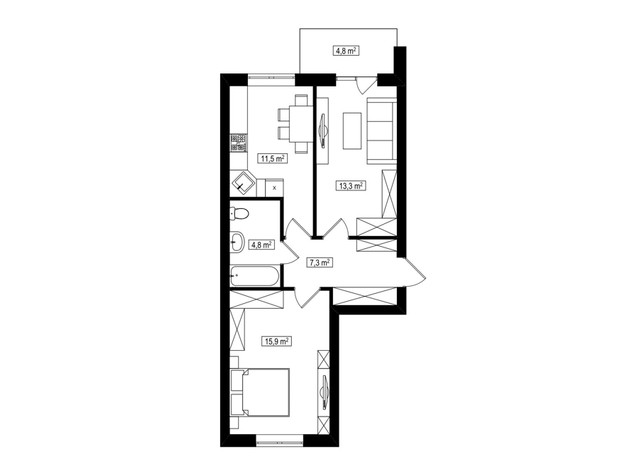 ЖК Амстердам Клубный: планировка 2-комнатной квартиры 55.2 м²