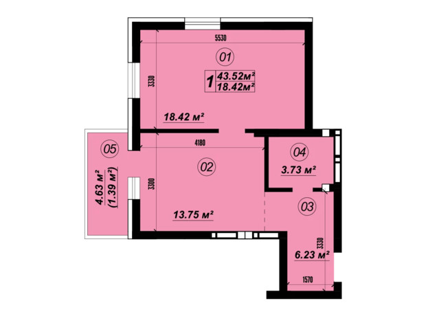 ЖК Verba: планування 1-кімнатної квартири 43.52 м²