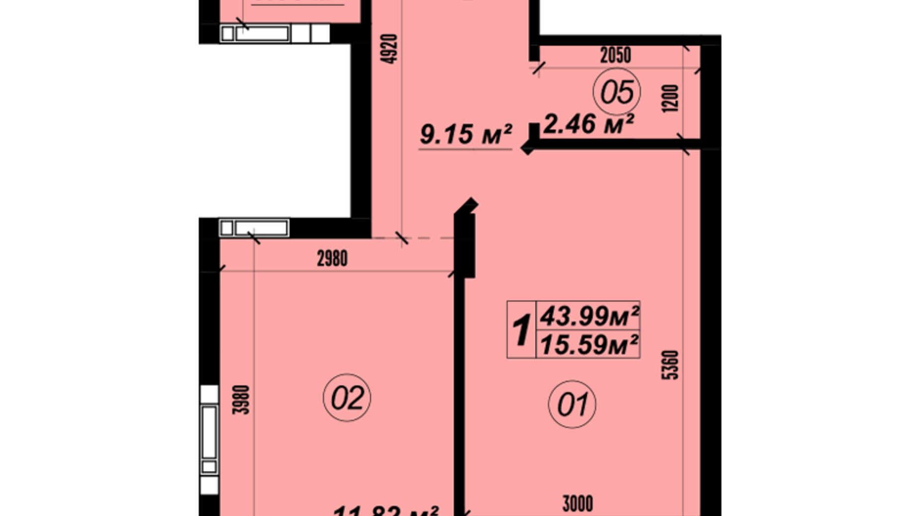 Планировка 1-комнатной квартиры в ЖК Verba 43.99 м², фото 588269