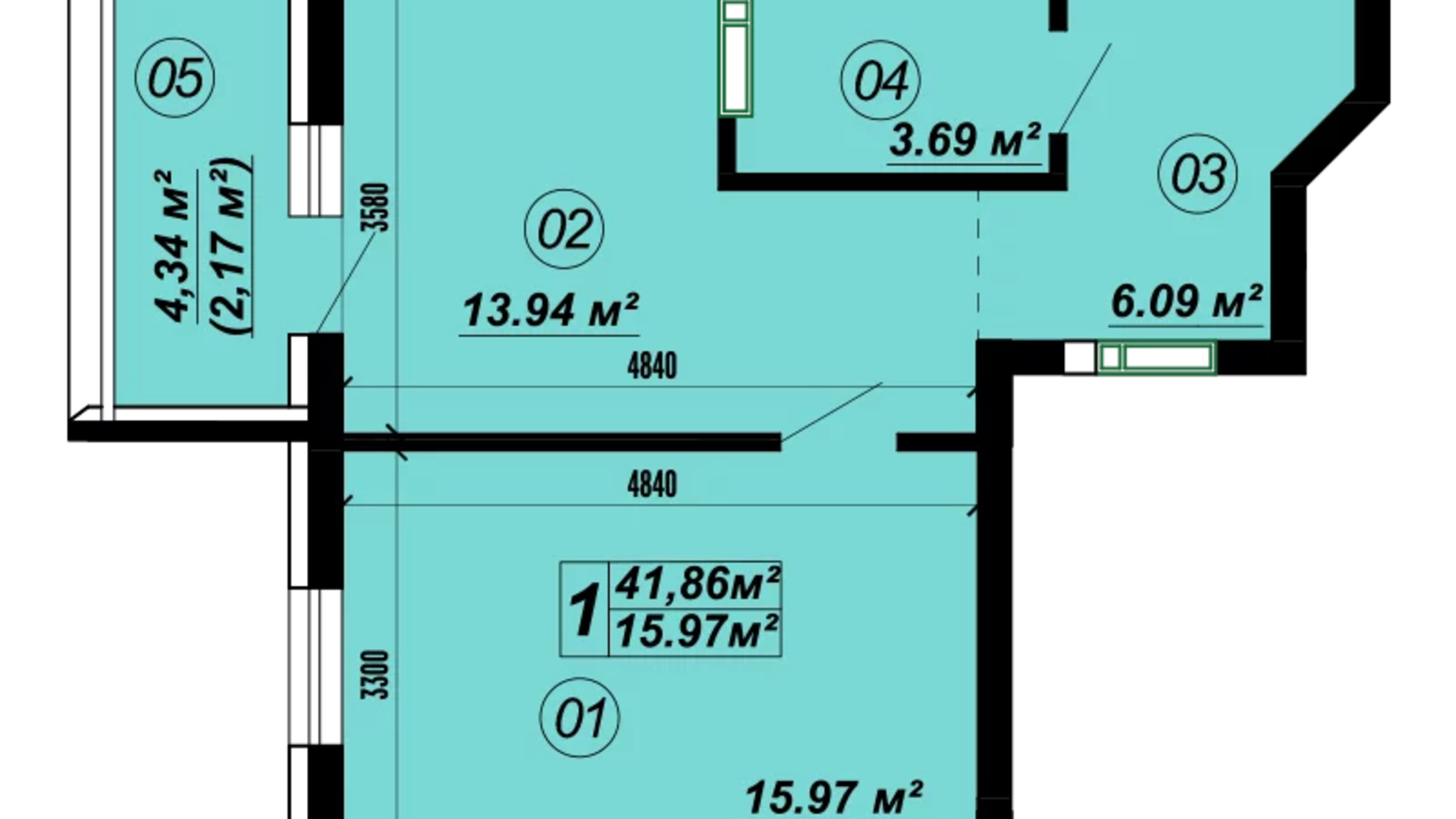 Планування 1-кімнатної квартири в ЖК Verba 41.86 м², фото 588301