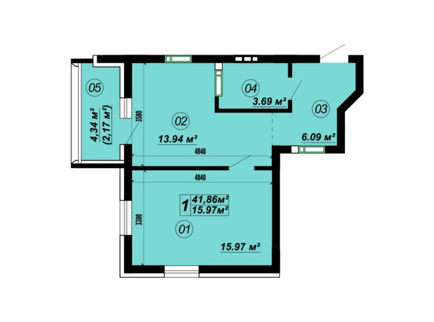 ЖК Verba: планировка 1-комнатной квартиры 41.86 м²