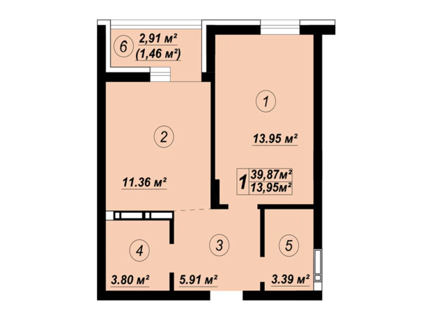 ЖК Verba: планування 1-кімнатної квартири 39.87 м²