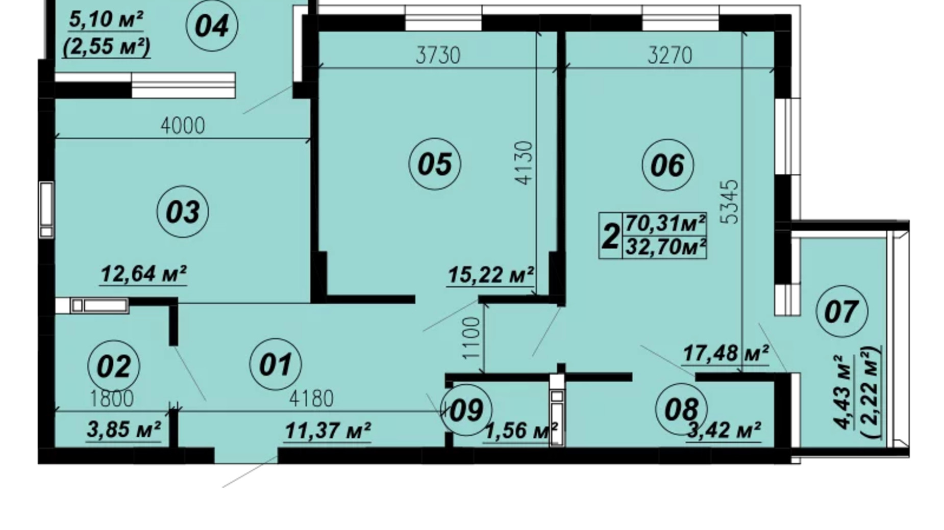 Планировка 2-комнатной квартиры в ЖК Verba 69.37 м², фото 588307