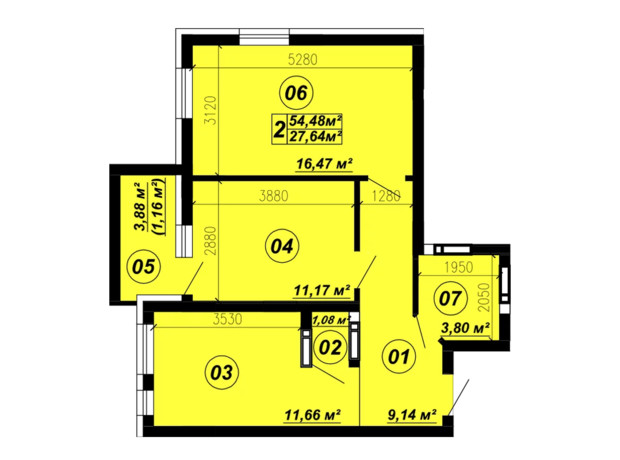 ЖК Verba: планировка 2-комнатной квартиры 54.48 м²