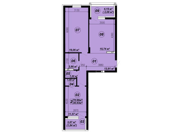 ЖК Verba: планування 2-кімнатної квартири 70.96 м²