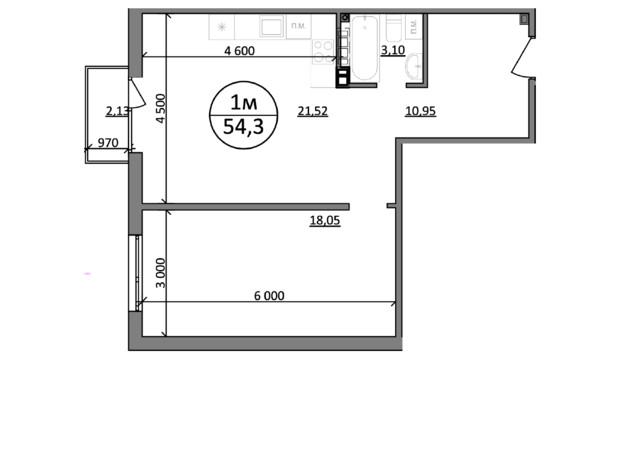 ЖК Парксайд: планировка 1-комнатной квартиры 54.3 м²