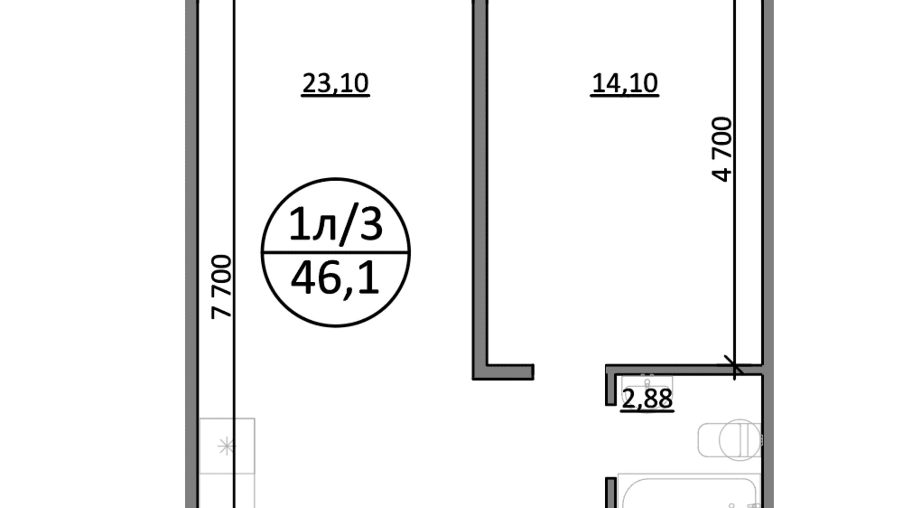 Планування 1-кімнатної квартири в ЖК Парксайд 46.1 м², фото 588317
