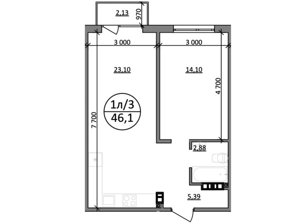 ЖК Парксайд: планування 1-кімнатної квартири 46.1 м²