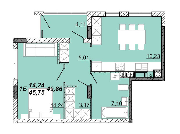 ЖК Гранд Парк: планування 1-кімнатної квартири 49.86 м²