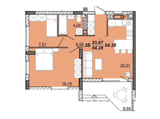 ЖК Гранд Парк: планування 2-кімнатної квартири 54.28 м²