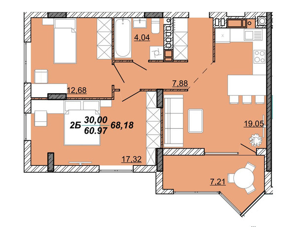 ЖК Гранд Парк: планування 2-кімнатної квартири 68.18 м²