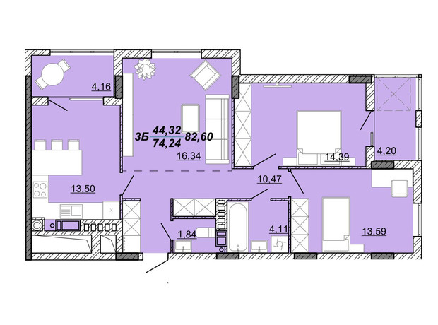 ЖК Гранд Парк: планування 3-кімнатної квартири 82.6 м²