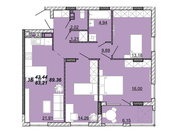 ЖК Гранд Парк: планування 3-кімнатної квартири 89.36 м²