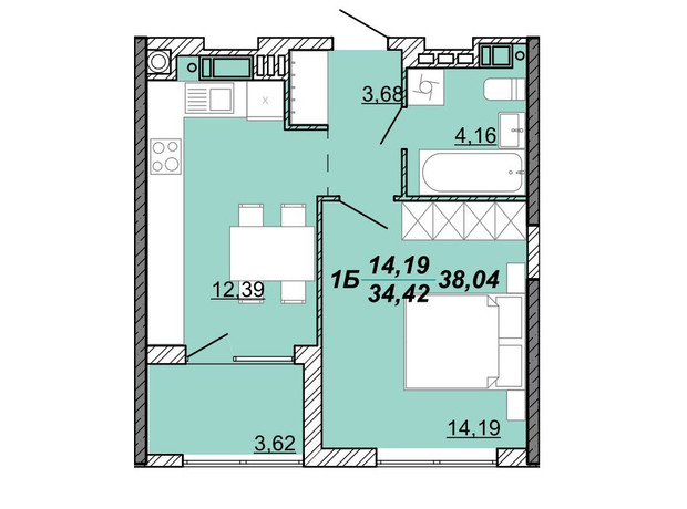 ЖК Гранд Парк: планування 1-кімнатної квартири 38.04 м²