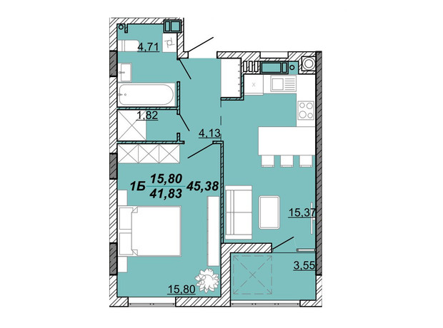 ЖК Гранд Парк: планування 1-кімнатної квартири 45.38 м²