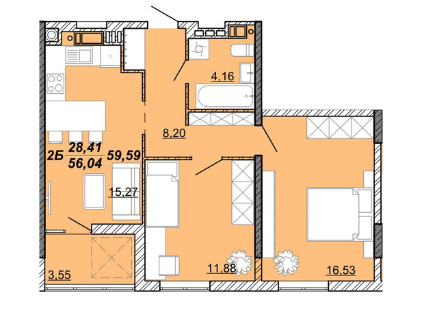 ЖК Гранд Парк: планування 2-кімнатної квартири 59.59 м²