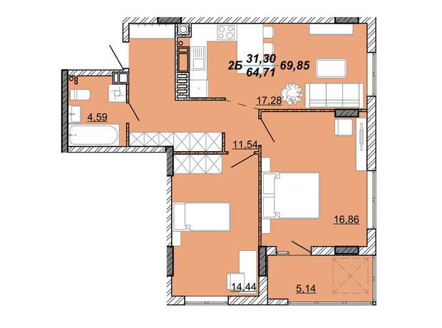 ЖК Гранд Парк: планування 2-кімнатної квартири 69.85 м²