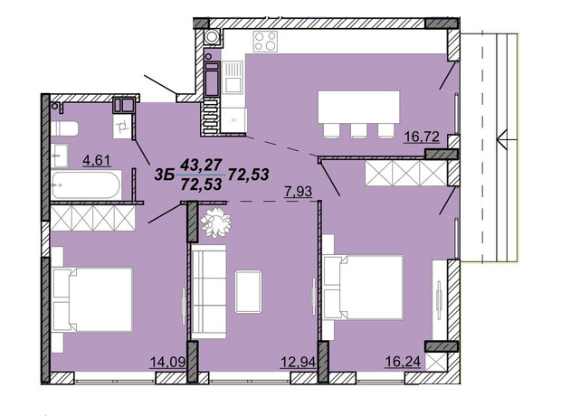 ЖК Гранд Парк: планування 3-кімнатної квартири 72.53 м²