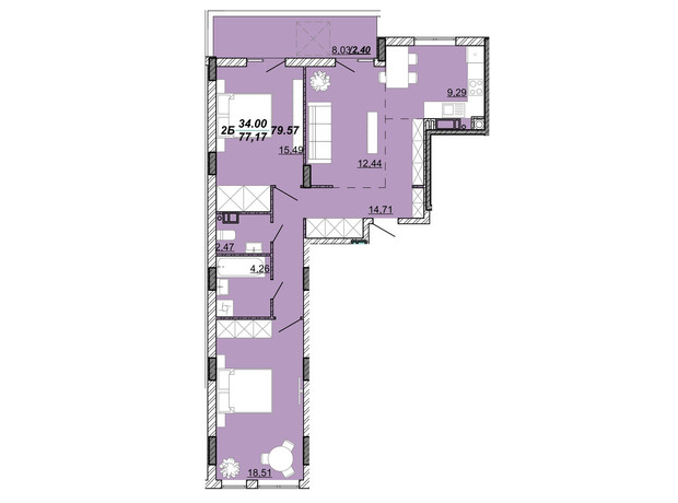 ЖК Гранд Парк: планування 2-кімнатної квартири 79.57 м²