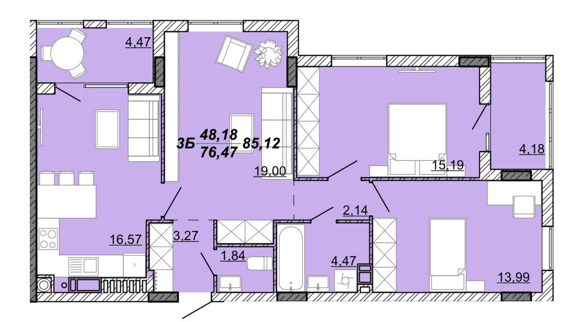 Планировка 3-комнатной квартиры в ЖК Гранд Парк 85.12 м², фото 588549