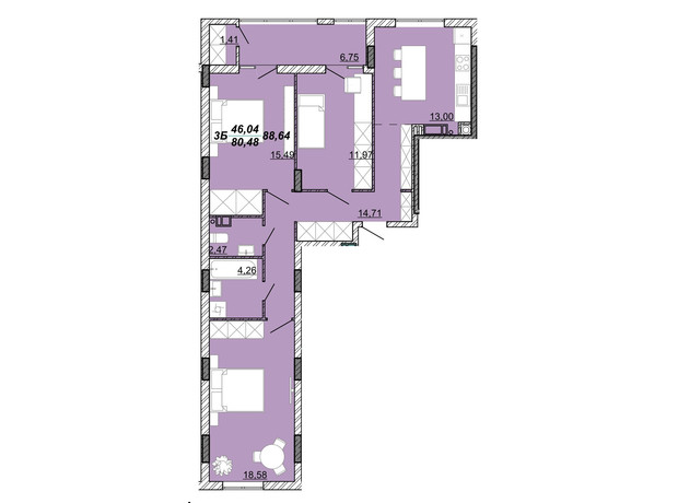 ЖК Гранд Парк: планування 3-кімнатної квартири 88.64 м²