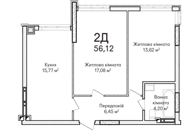 ЖК Синергия Сити: планировка 2-комнатной квартиры 57 м²