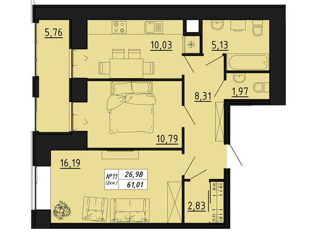 ЖК Freedom: планировка 2-комнатной квартиры 61.01 м²