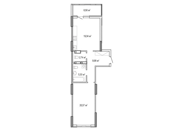 ЖК Krona Park 2: планировка 1-комнатной квартиры 64.29 м²