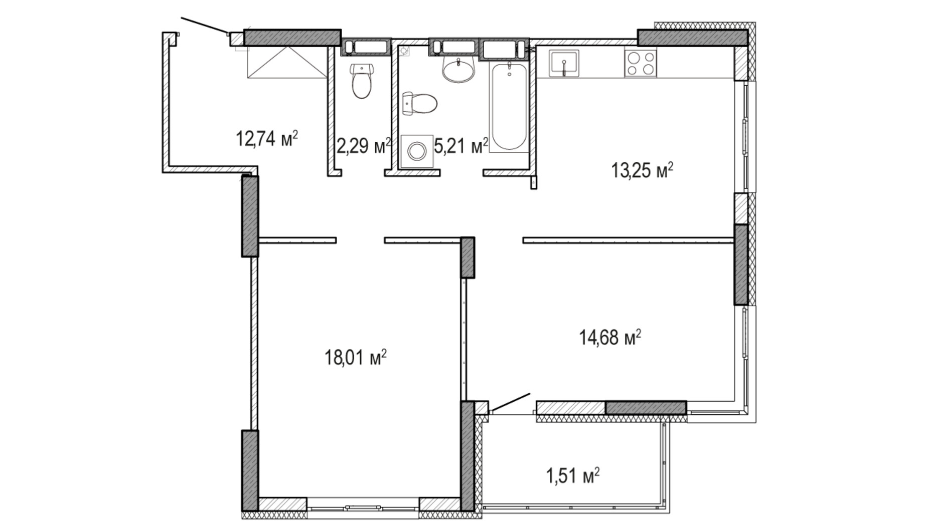 Планировка 2-комнатной квартиры в ЖК Krona Park 2 68.17 м², фото 588915