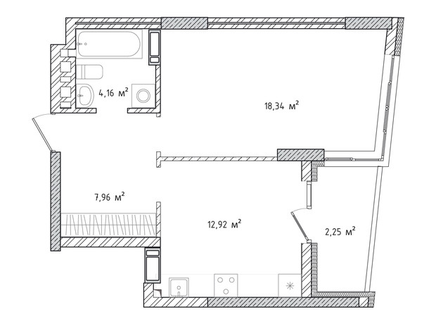 ЖК Krona Park 2: планування 1-кімнатної квартири 45.63 м²