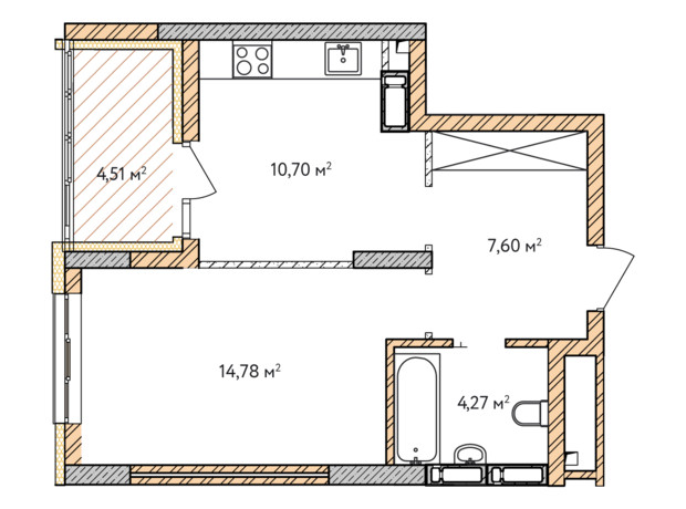 ЖК Krona Park 2: планировка 1-комнатной квартиры 41.86 м²