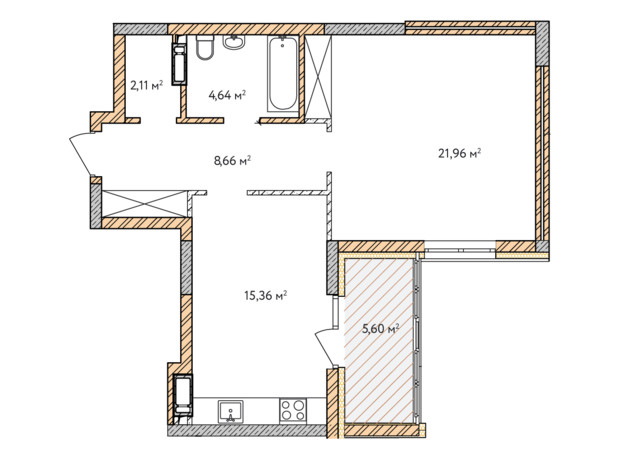 ЖК Krona Park 2: планировка 1-комнатной квартиры 58.33 м²