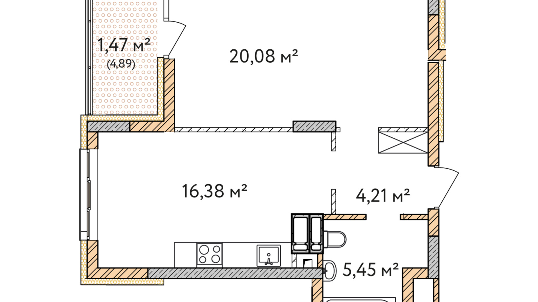 Планування 1-кімнатної квартири в ЖК Krona Park 2 47.59 м², фото 588932