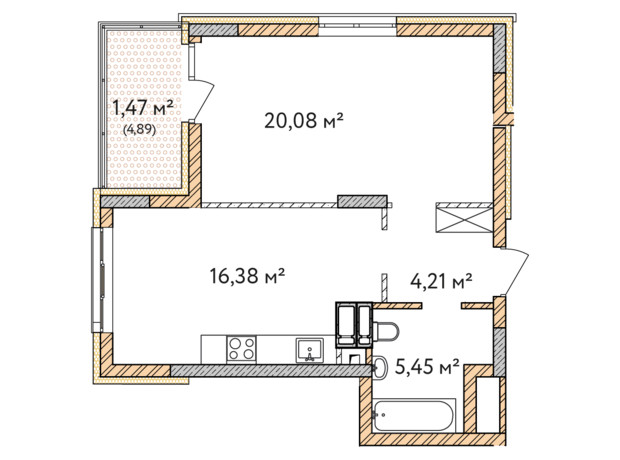 ЖК Krona Park 2: планування 1-кімнатної квартири 47.59 м²