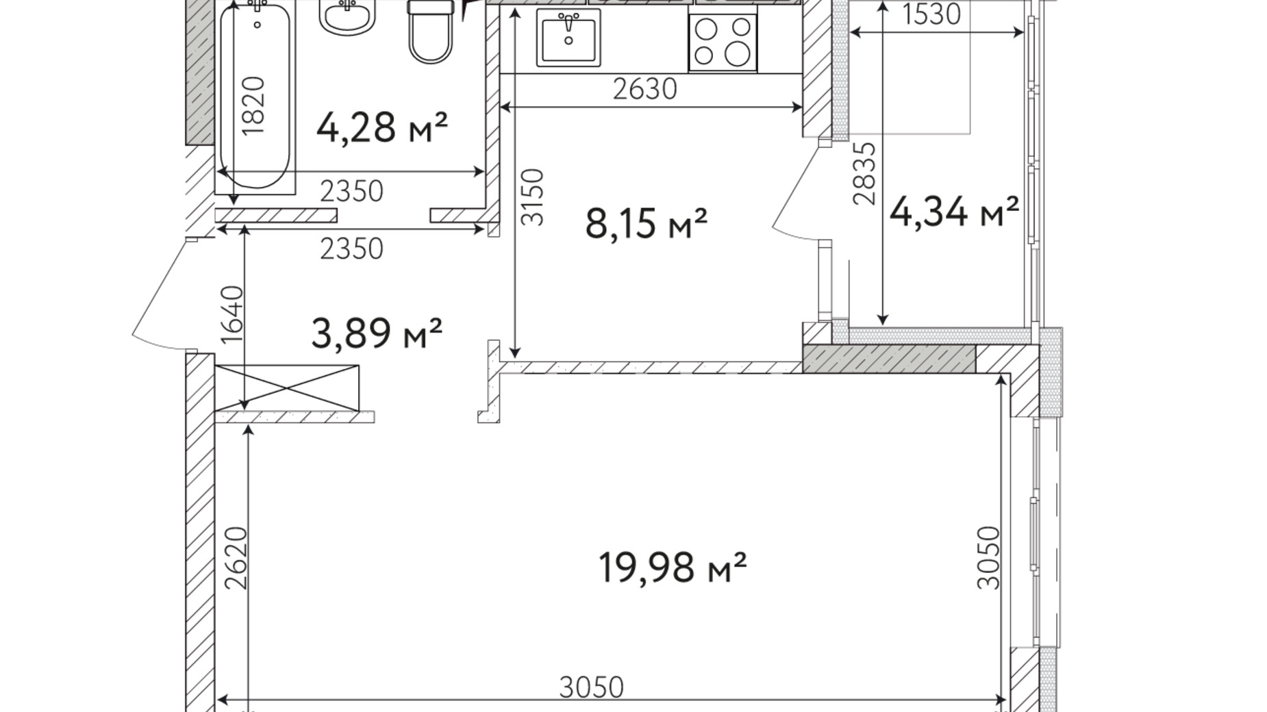 Планування 1-кімнатної квартири в ЖК Krona Park 2 43.65 м², фото 588933