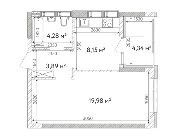 ЖК Krona Park 2: планировка 1-комнатной квартиры 43.65 м²