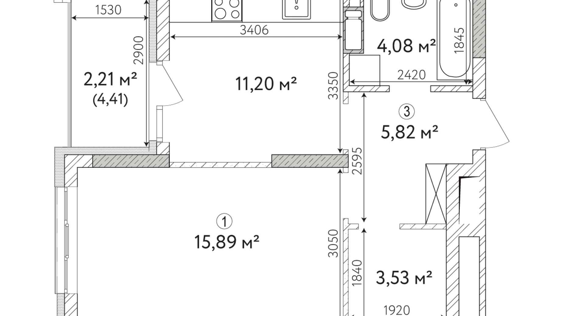 Планировка 1-комнатной квартиры в ЖК Krona Park 2 45.73 м², фото 588934