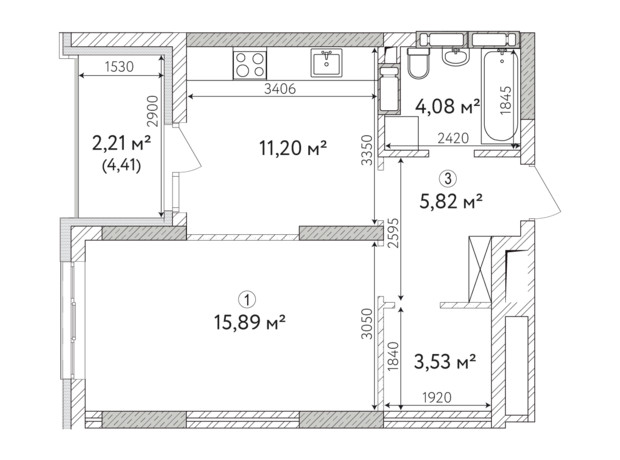 ЖК Krona Park 2: планировка 1-комнатной квартиры 45.73 м²