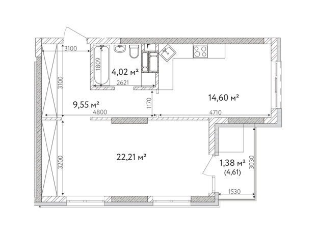 ЖК Krona Park 2: планировка 1-комнатной квартиры 49.81 м²