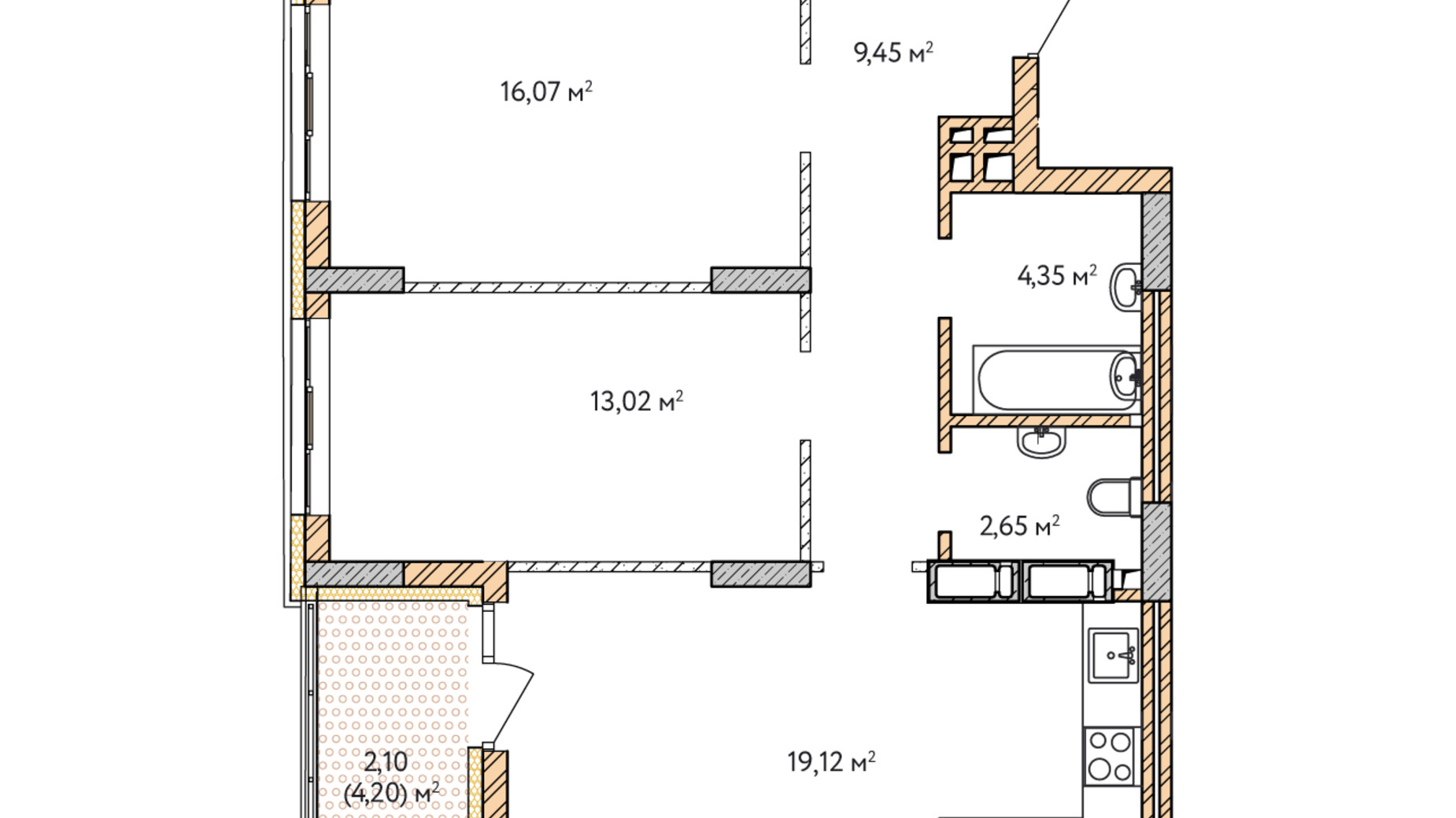 Планування 2-кімнатної квартири в ЖК Krona Park 2 66.76 м², фото 588937