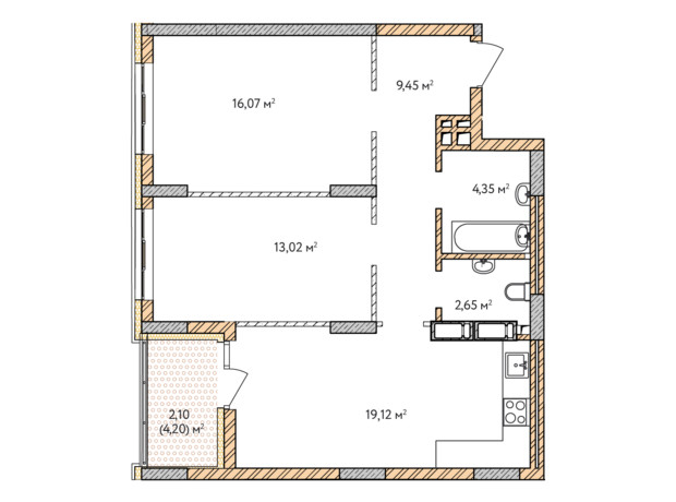 ЖК Krona Park 2: планування 2-кімнатної квартири 66.76 м²