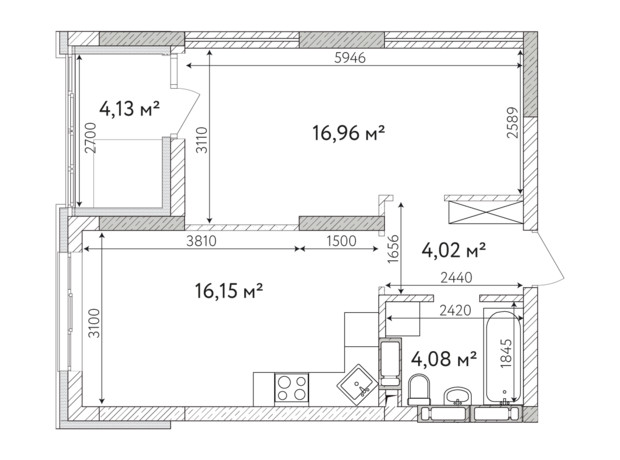 ЖК Krona Park 2: планування 1-кімнатної квартири 45.36 м²