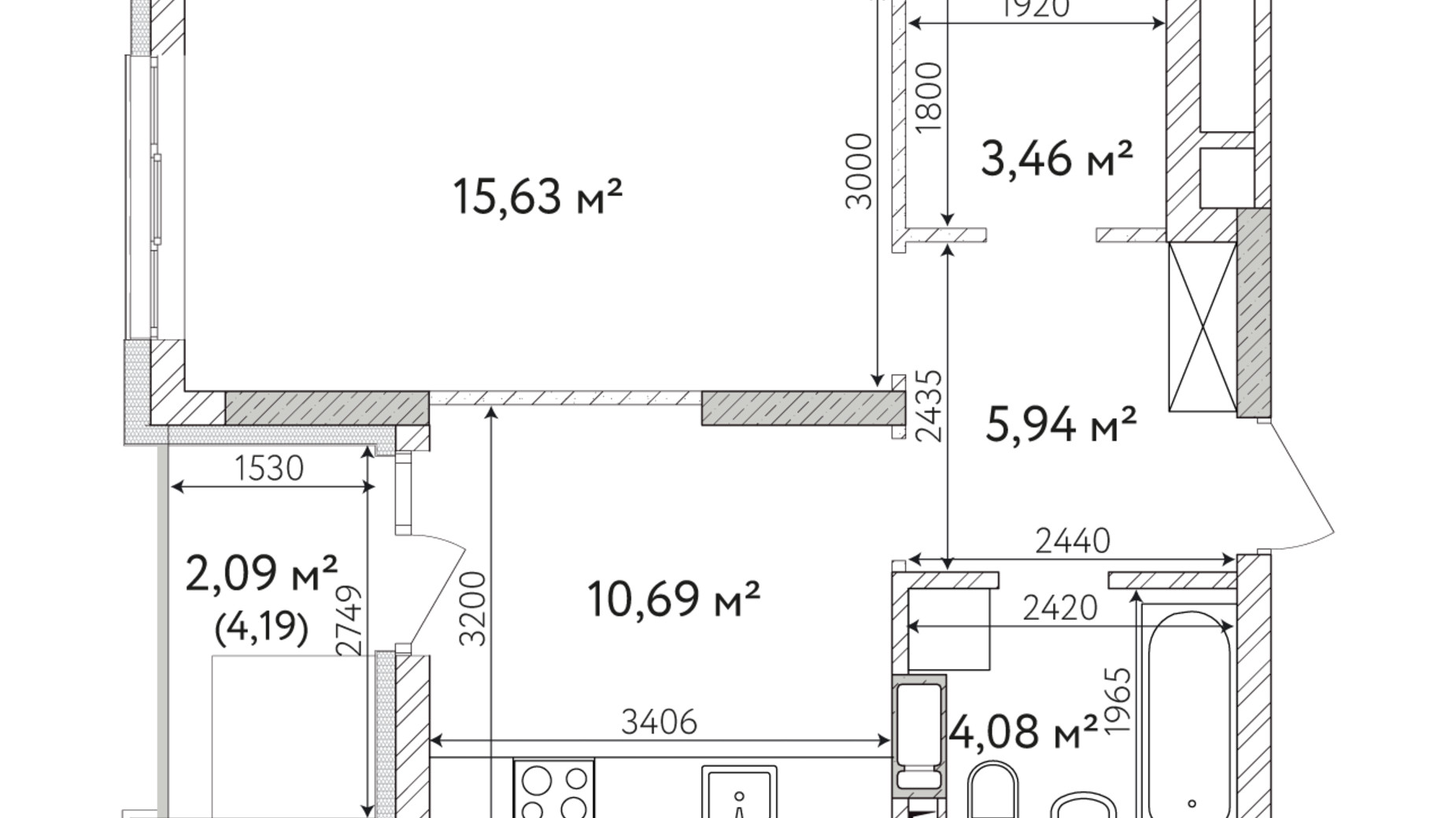 Планування 1-кімнатної квартири в ЖК Krona Park 2 45.01 м², фото 588939