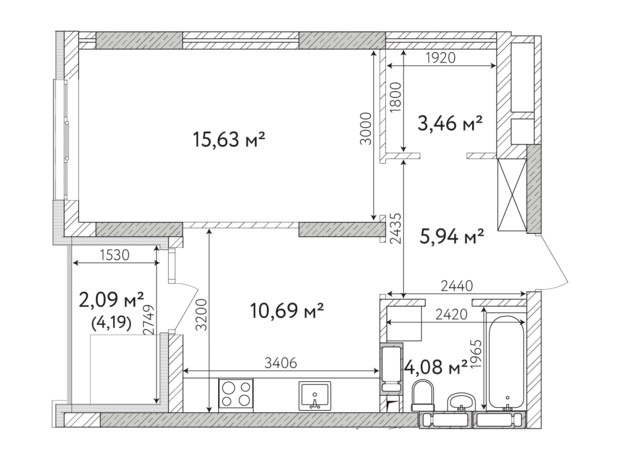 ЖК Krona Park 2: планировка 1-комнатной квартиры 45.01 м²