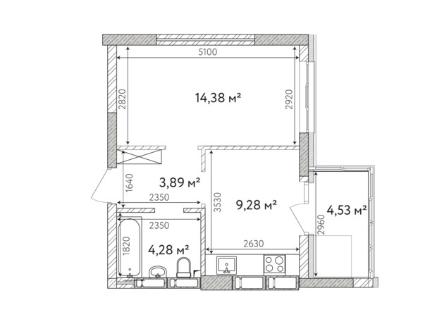 ЖК Krona Park 2: планировка 1-комнатной квартиры 38.03 м²