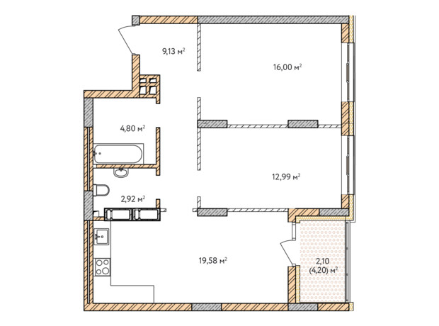 ЖК Krona Park 2: планування 2-кімнатної квартири 67.52 м²