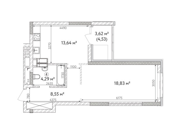 ЖК Krona Park 2: планування 1-кімнатної квартири 50.36 м²