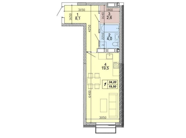 ЖК Podol Plaza & Residence: планировка 1-комнатной квартиры 34.2 м²